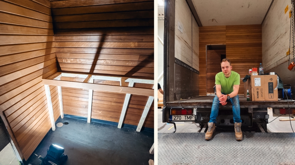 Mobile sauna under construction in Auroom’s workshop — installation of water tanks and final touches on the wooden sauna walls inside the truck.