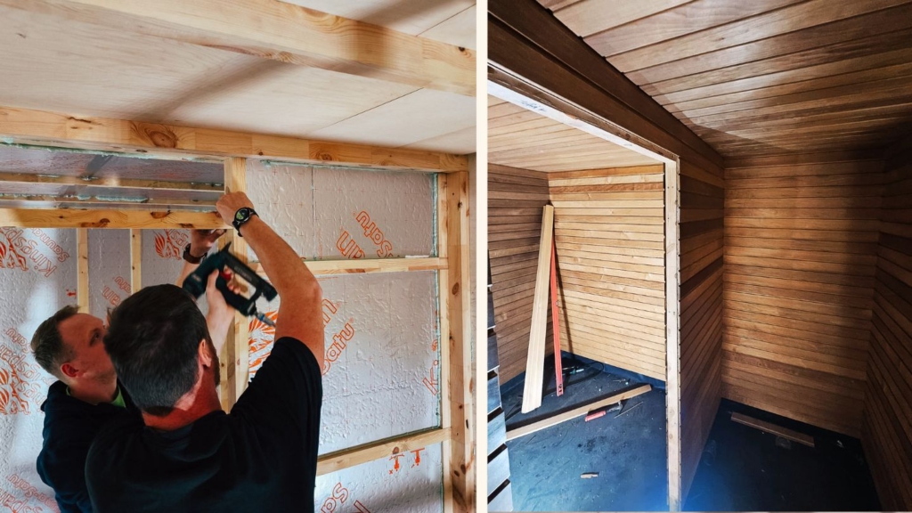 Auroom team members insulating and paneling the interior walls of the mobile sauna truck during the building process.