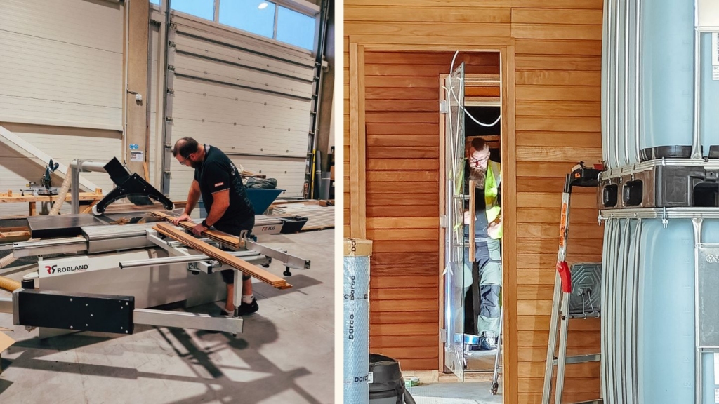 Auroom craftsman preparing wooden panels and installing finishing details on the mobile sauna unit during construction.