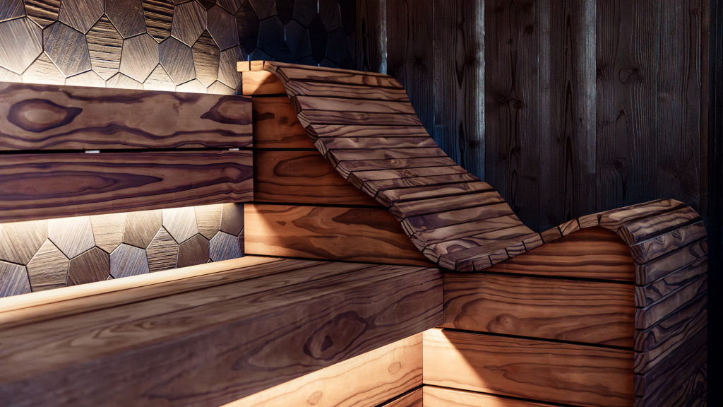 Tailor-made modular sauna interior with sculptural bench design, dark surfaces, and warm ambient lighting